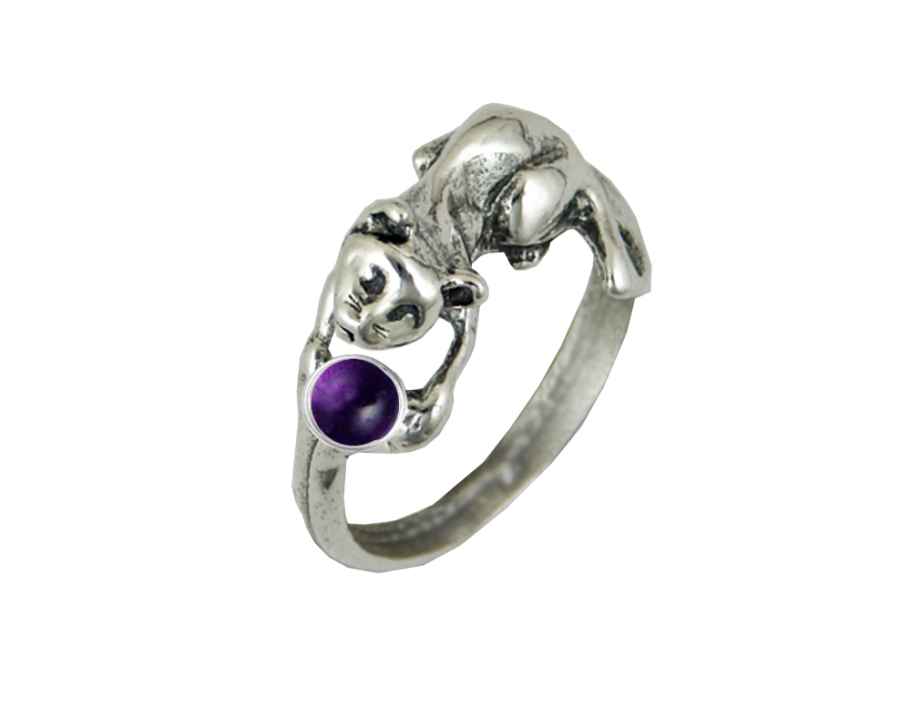 Sterling Silver Kitty Cat Ring With Amethyst Size 5